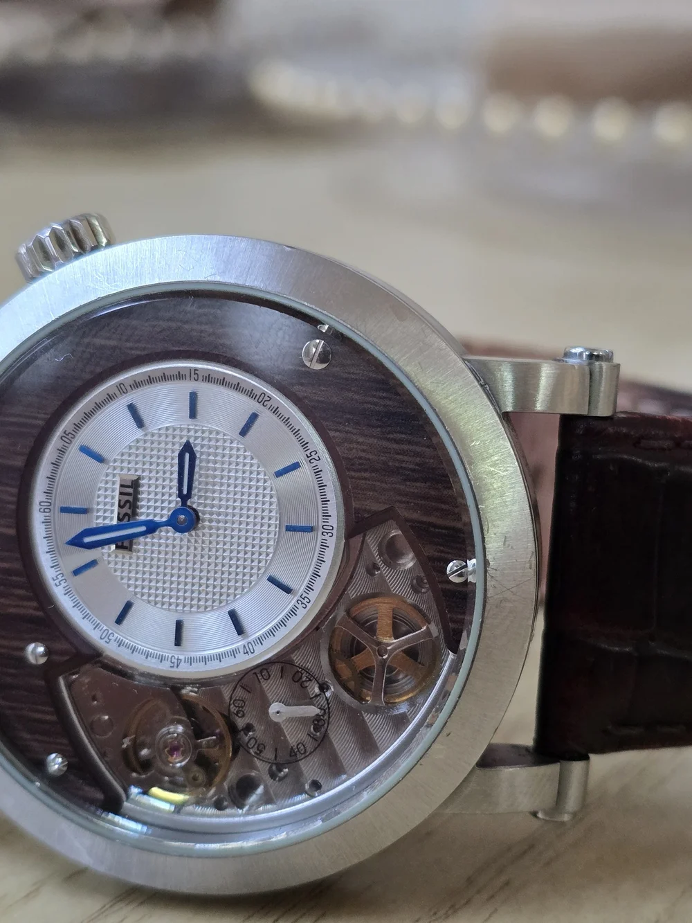 Fossil Men's Brown Leather Automatic Watch with Silver Case